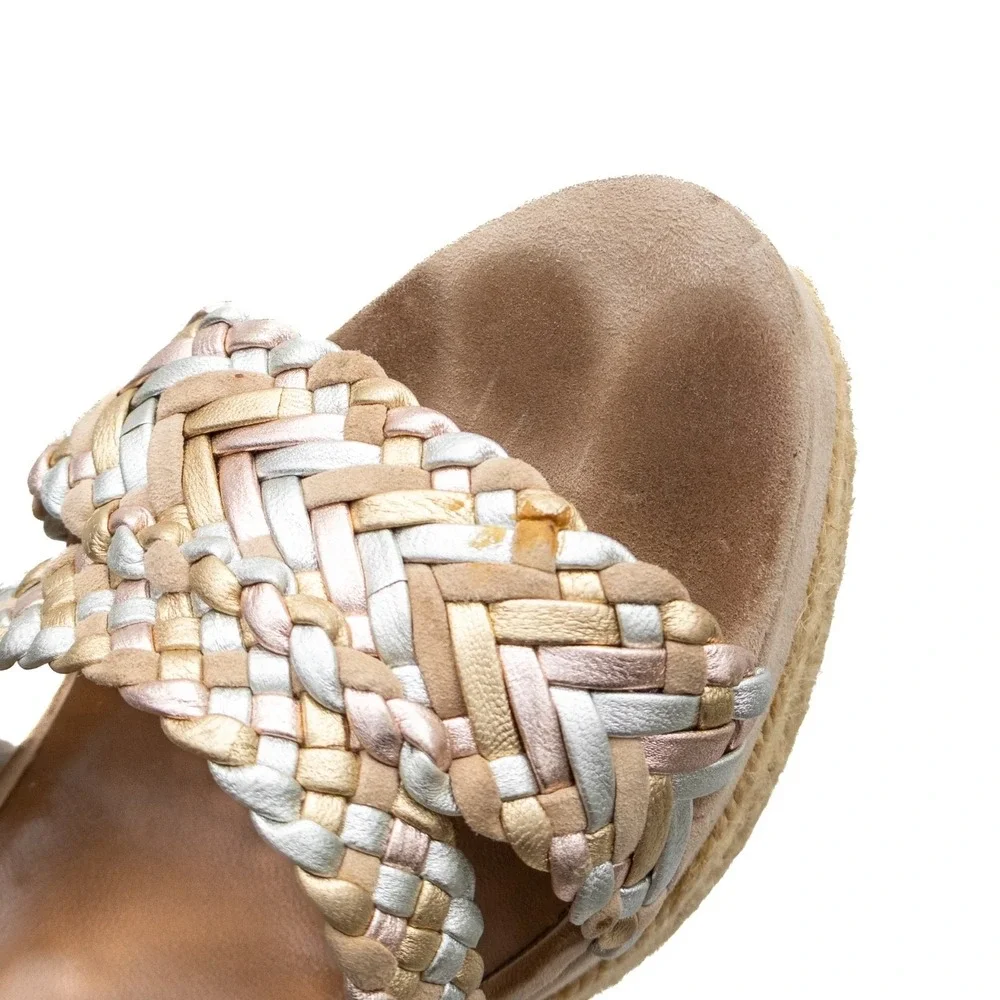 HERMÈS TAUPE SUEDE & METALLIC BRAIDED STRAP INES ESPADRILLE WEDGES EU 38 US 7.5‎